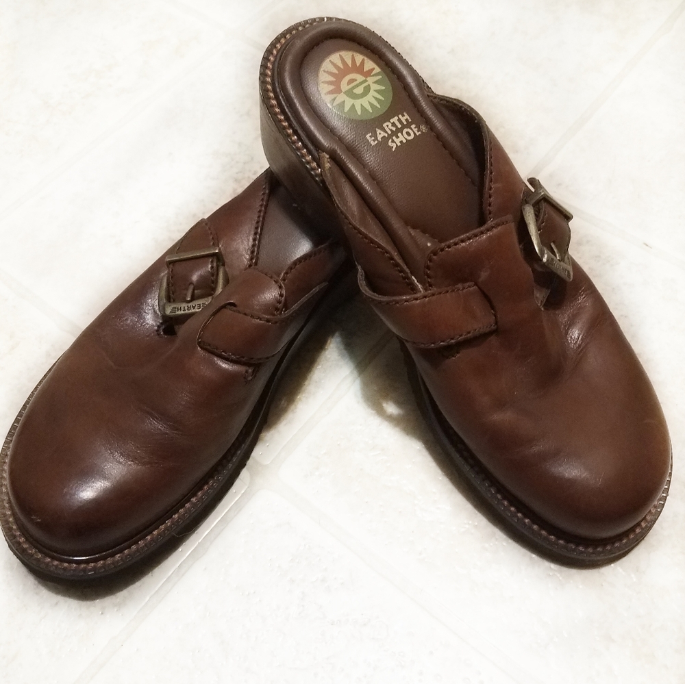 Earth Shoe Pine 4‎ brown leather mules clogs Size 9.5